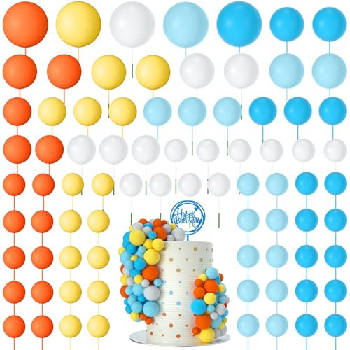 NACHLYNN 80 Pcs Cake Balls Decorations Mini Balloon Cake Topper Balls Foam Cupcake Toppers Balls for Cake Decorating Birthday Parties Weddings Anniversary (Orange Blue White Series)