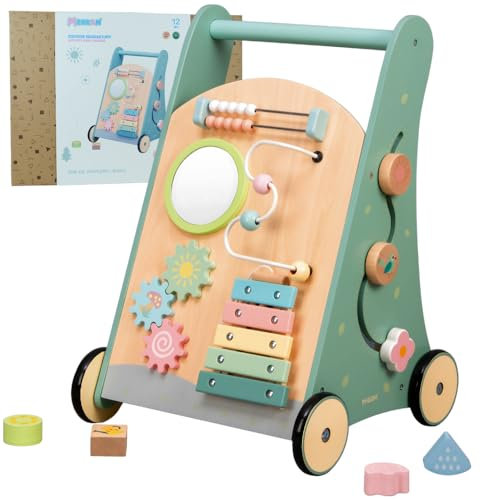 MERKAN Kinderläufer, Holzläufer für Kinder, 3 in 1, Werkstatt Kinderpöcher mit Accessoires, Reiter, Sortierer, Walking Lernwagen, Pastell Farben