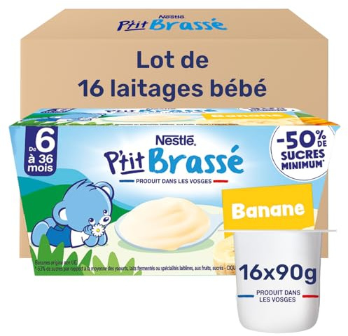 Nestlé - P’tit Brassé Banane - Alimentation Bébé 6 Mois et Plus - Dessert Bébé au Lait Entier - Laitage Source de Calcium - Moins 50% de Sucres Minimum - Produit en France - 4 x 100g