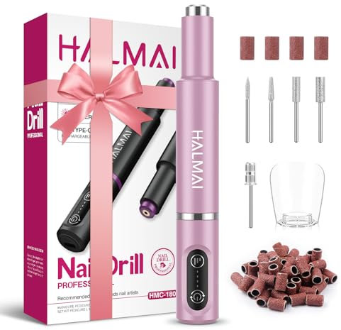 HALMAI Electric Nail Drill Machine, Cordless Portable Nail File Kit for Acrylic,Gel Nails, Rechargeable Professional Acrylic Manicure Pedicure Machine for Home with Max 20000 RPM (Basic-Pink)