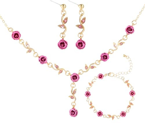 Yolev 3Pcs Set Rose Red Rose Jewelry - Rose Flower Pendant Necklace, Bracelet Dangle Earrings.Bracelet Flower Jewelry Dangle Earrings Set For Valentine's Day Mother's Day Gifts Wedding Gifts