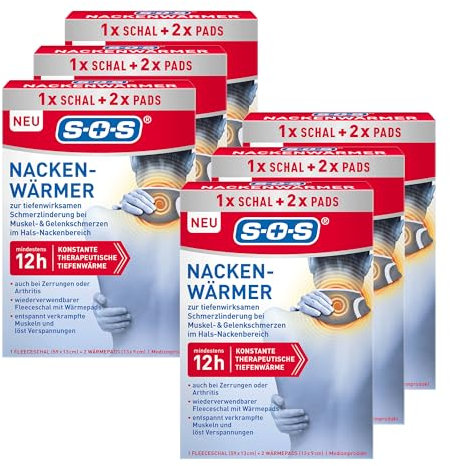 SOS Nackenwärmer (6x Schal & 2 Pads) – Effektive Schmerzlinderung mit 12 Stunden Tiefenwärme – Wärmeauflage gegen Schmerzen im Hals-& Nackenbereich oder Muskelverspannungen