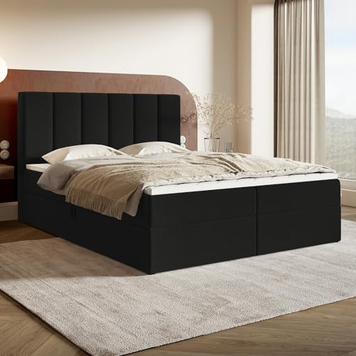 MOTIVENA Santiago Boxspringbett 160x200 Schwarz Samt, mit Taschenfederkern-Matratze (H3), mit T28 Komfortschaumstoff Topper (H3), Boxspringbett 160x200 mit Bettkasten Schwarz