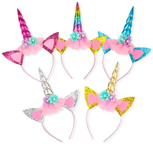 VFANDV 5 Pièces Serre Tete Licorne, Bandeau Lumineux avec Accessoires et Oreilles, Serre-têtes en Forme Licorne, Adulte Enfant Pâques Anniversaires Fêtes Cosplay