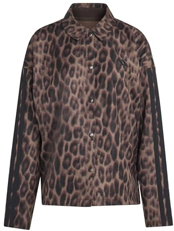 adidas Women's Seasonal Essentials Leopard Print Woven Overshirt with 3-Stripes, MULTICOLOR/earth strata, L