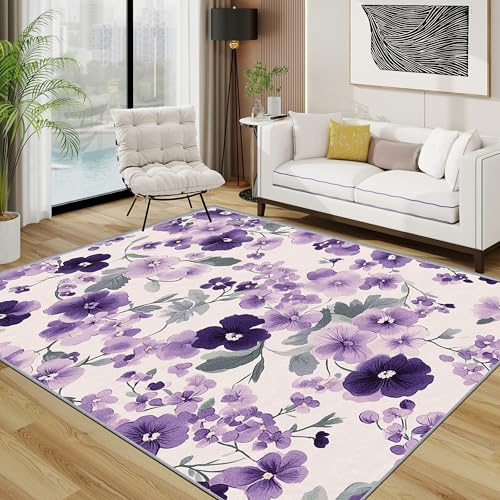 TerroVee Blumen Teppich Waschbar, Lila Garten Blumig Teppich 80x150 cm, Ländlich Romantisch rutschfest Waschbar Pflegeleicht Teppiche Für Schlafzimmer Küche, Lila