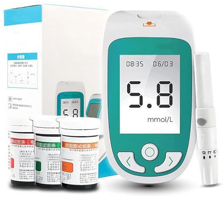 3-in-1-Bluttester, Cholesterin-Teststreifen-Analysegerät, Jeder Test Dauert Nur 3 Minuten, Kann 300 Datenpunkte Speichern, Mit 50 Blutzucker- + 25 Harnsäure- + 10 Cholesterin-Teststreifen, Für Ältere