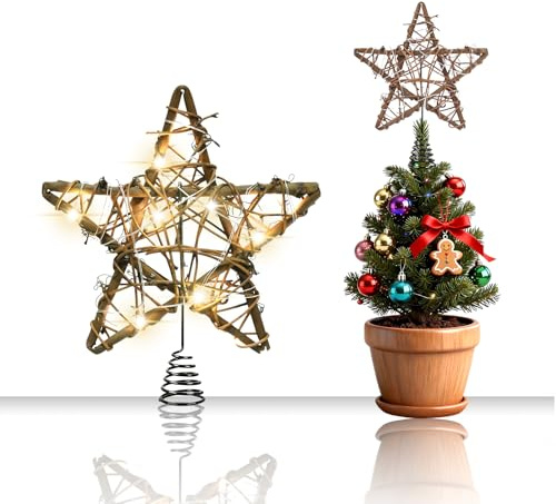 Christbaumschmuck Rattan-Naturstern mit Beleuchtung, Landhausstil Weihnachtsdeko, 15 cm Mini-Rustikalstern mit 6-Stunden-Timer, Beleuchteter Weihnachtsbaumschmuck für Weihnachtsbäume, Feste & Feiern