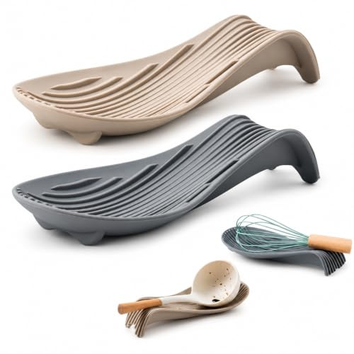 Poggia Cucchiai da Cucina – Poggiamestolo in Silicone Set da 2 Grigio e Beige – Resistente al Calore, Antiscivolo e Antigoccia – Supporto per Cucchiai – Spoon Rest