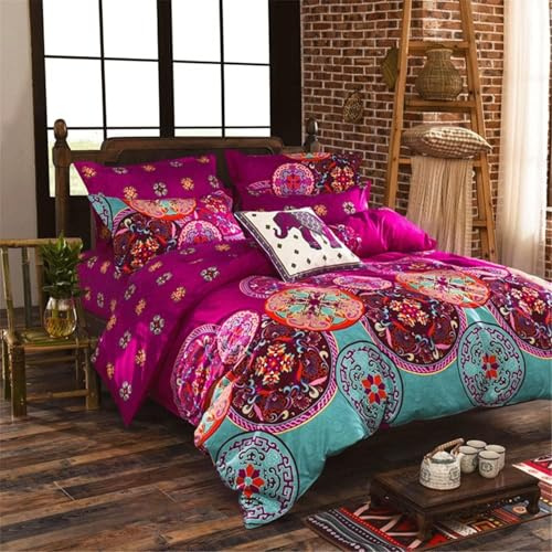 Freyamy Bettwäsche 200x200 Fuchsia Indischen Mandala Boho Bettwäsche Set | Aesthetic Bettwäsche Vintage Exotische,3teilig Bunt,Microfaser ÖKO-TEX Bettbezug mit Reißverschluss und 2 Kissenbezug 80x80cm