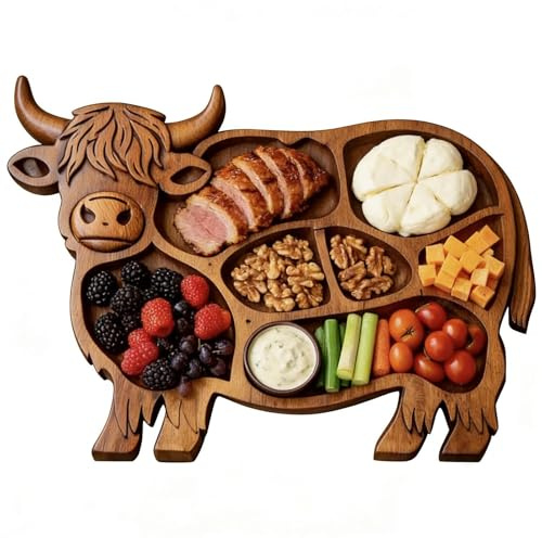 Highland Cow Charcuterie Brett Aus Holz 33cm Dekorative Platte In Form Einer Kuh Servierbrett Holzbrett Präsentation Nachmittagstee Für Vorspeisen Und Appetithappen Für Snacks Fleisch Käse Kekse