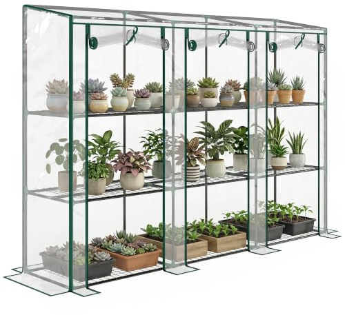 Outsunny Serre de Jardin avec Étagères 3 Niveaux 215x46x151cm Transparent | PVC, Serre de Balcon, Bâche Renforcée 140 g/m², Châssis en Acier, 2 Portes Zippées Enroulables, pour Légumes Plantes Fleurs