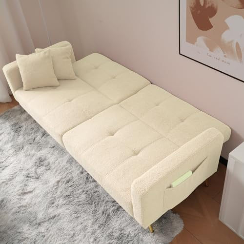 CelticHearth 2-sitsig bäddsoffa med sovfunktion, beige med kudde | Soffa med justerbart ryggstöd, gyllene ben och sidofickor, lammskinn, för vardagsrum och sovrum