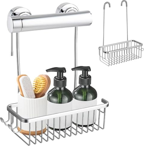 SVUPUE Cesta de ducha colgante, Estanteria Ducha sin Taladro, Estante de Ducha Colgar, para Colgar champú Soporte, Estanteria baño con Ganchos, Plata