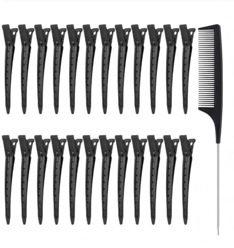 24 Pinzas Pico Pato Negras + Cepillo Paddle Púas Metal | 24 pinzas pico de pato negras + cepillo paddle con púas metálicas. Ideales para seccionar, fijar rizos y cortar. Salón y hoga