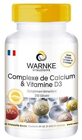 Complesso di calcio con vitamina D3 e magnesio - biodisponibile e puro - 250 capsule | Warnke Vitalstoffe - Qualità da farmacia tedesca