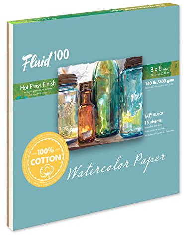 Fluid 100 Watercolor Paper Block, 8 x 8 inches, 15 Sheets, 140 lb (300 GSM) 100% Cotton Hot Press Pad for Artist Painting and Wet Media