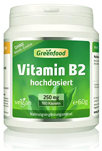 Vitamin B2, hochdosiert, 250mg - 180 Kapseln, vegan. Riboflavin – unterstützt Energiestoffwechsel, Sehkraft, Haut & Nerven. OHNE künstliche Zusätze - laborgeprüft. Von Greenfood.