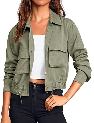Onedreamer Women's Military Safari Cropped Jackets Button Down Lightweight Oversized Utility Anorak Coat with Pockets