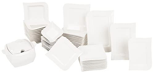AMBITION Kombiservice 12 Personen Porzellan weiß Welle 52-teilig Tafelservice mit Servierplatten Schüsseln Suppenterrine geschwungene Form