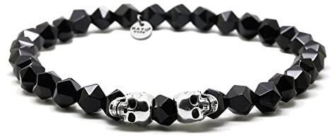 Nato Cuff - 925 Sterling Silber Totenkopf Skull Armband - Onyx Perlen Halbedelsteine - Herren und Damen schmuck Handgefertigt in Frankreich (Medium 17cm)