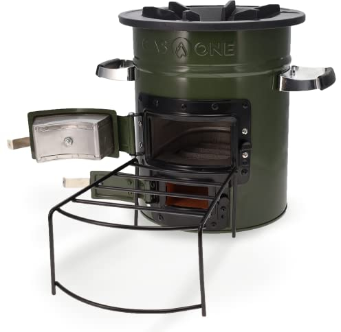 GasOne Rocket Stove – Premium Wood Burning Stove Camping – Insulated Camping Rocket Stove for Backpacking, Hiking, RV and Survival - Barrel Stove Kit with Silicone Handles – Military Green
