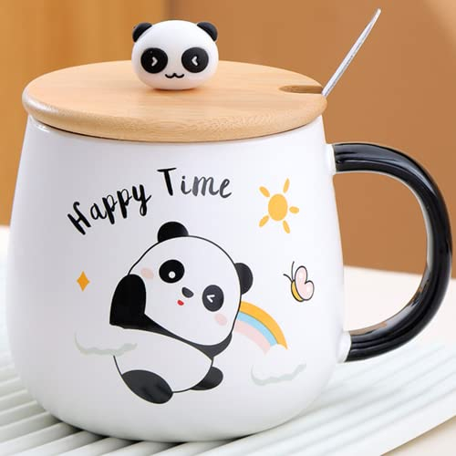 Arawat Panda Tasse mit Deckel Süße Kaffeetasse Panda Geschenk 400 ml Keramik Teetasse mit Löffel & Untersetzer Cute Tee Kaffee Becher Tassen Geburtstagsgeschenk