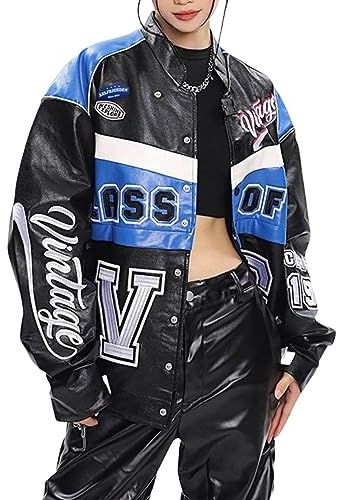 Aelfric Eden Damen Jacke Schwarz Blau Kurze Retro Lederjacke Unisex Collegejacke Übergröße Herren Stehkragen Baseball Jacken mit Tasche M