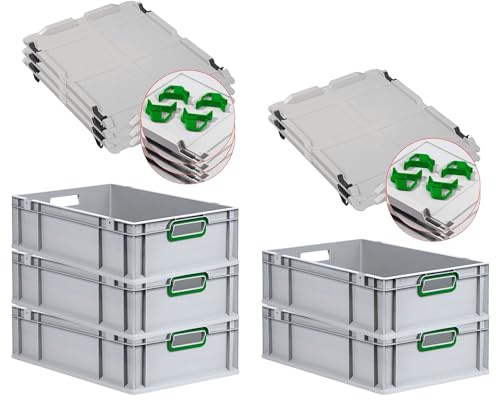 PROREGAL SuperSparSet 5x Eurobox NextGen Color mit Auflagedeckel & Schiebeschnappverschlüsse, HxBxT 17x40x60cm, 34L, Griffe grün offen, Glatter Boden, Eurobehälter Transportbox Transportbehälter