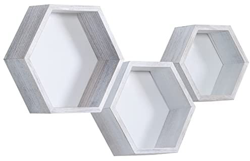 PHOENANCEE Hexagon Floating Shelves, Wooden Wall Mounted Hexagonal Shelf, Solid Wood Decorative Hanging Shelf for Bedoom, Living Room, Office, Home Decor, Set of 3(Rustic White)