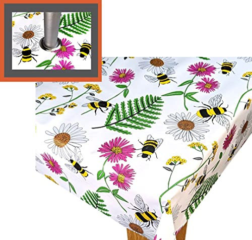 Karina Home Wipe Clean PVC Garden Outdoor Tablecloth Cover with Parasol Umbrella Hole Rectangle Busy Bee Meadow Bright 200cm x 140cm