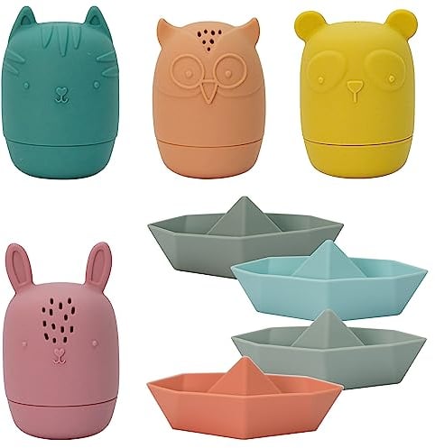 Dhnvcud 7 Stück Spritztiere Badewannenspielzeug mit Boote ab 1 2 3 4 Jahr, Silikon Badespielzeug Baby, Schimmelfreies Wasserspielzeug Kinder, Wasserspielzeug Baby ab 6 Monate, Spielzeug Badewanne