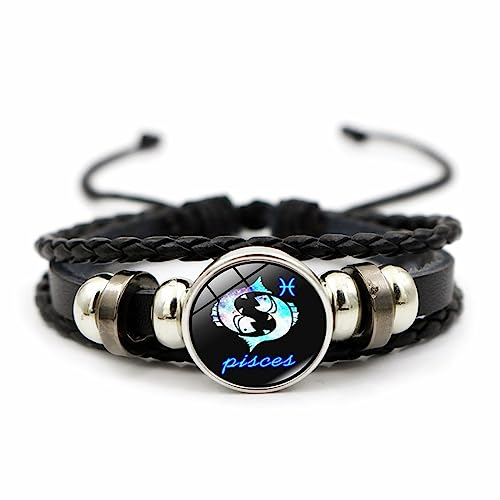 LODMLOER Fische 12 Sternzeichen Konstellationpaar Armbänder – Charm-Armband Männer Frauen Mode Mehrschichtig Gewebtes Lederarmband/Armreif Geburtstagsgeschenke, Fische
