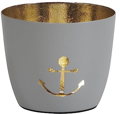 Seaside No.64 - Maritime Windlichter Baltic aus Metall mit ausgestanzten Motiven - Verschiedene Farbkombinationen für Teelichter & Stumpenkerzen in Haus und Garten (Anker - hellgrau, Gold)