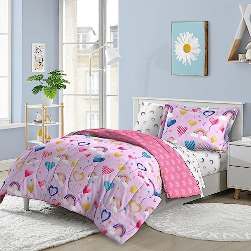dream FACTORY Easy-Wash Super Soft Microfiber Comforter Bedding, Lilac Balloon Hearts, Full