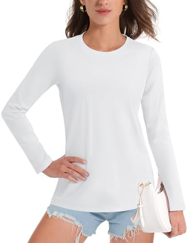 TACVASEN Ladies Long Sleeve Tops Crew Neck Plain White Tshirt Women Cotton T Shirts Soft Casual Cotton Tops for Women UK, White, S