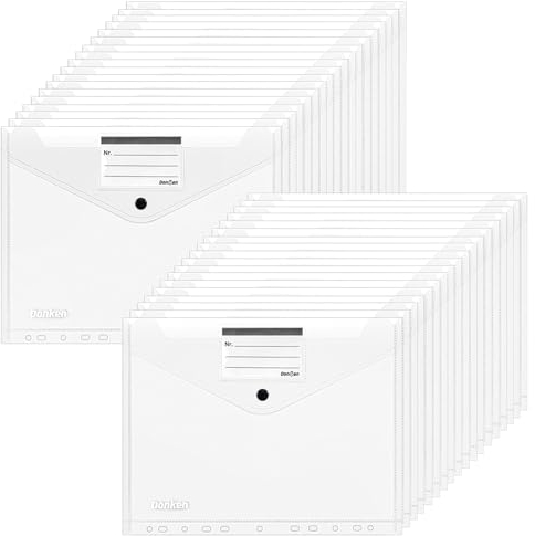 36 Stück Dokumentenmappe A4, Transparente Dokumententasche A4 mit Druckknopf, Wasserdicht Sammelmappen A4 Mappen mit 11 Binderlöcher und Etikettentasche (36 Stück - Schwarzer Druckknopf)