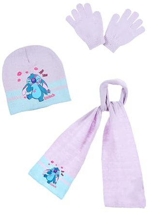 Disney Stitch Hut, Schal und Handschuhe für Mädchen, Winterset für Mädchen, Mütze Schal und Handschuhe Stitch und Angel, Winteraccessoires für Kinder – Lilas