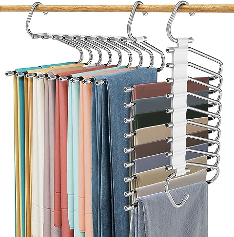 2 Stück Hosenbügel Platzsparend, 2.0 Aktualisierte Version von Kleiderbügel Hosen, Platzsparende Kleiderbügel für Hosen, Jeans, Schals, Handtücher,Krawatten(9 Schichten Kleiderstangen pro Stück)