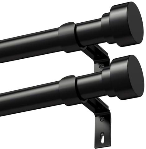Black Curtain Poles for Eyelet Curtains Metal Extendable Curtain Rod Adjustable Voile Curtain Poles for Windows Door (Black, 76-380cm, A1, 2Pcs）
