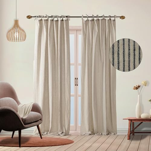 THE ART BOX Gauze Striped Curtains, Boho Linen Gauze Tie Top Hanging Curtains Light Filtering Door Window Treatment 2 Panel Drapes for Living Room Home Décor Black (72x42 Each Panel)