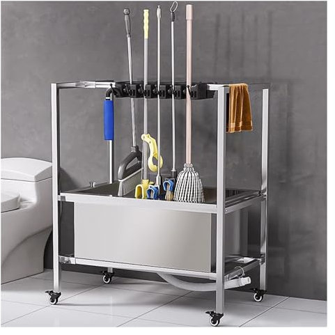 GOCHUSX Movable Broom Mop Holder, Hand Trucks Broom, Umbrella Storage Stand, Commercial Cleaning Tool Cart, Include Armrests Drain Button(47X55.5X98CM(4slots))