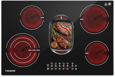 AMZCHEF Glaskeramikkochfeld 5 Zonen, Elektrokochfeld 77cm mit 9 Leistungsstufen, Dreifach- und Bräterzone,Abschaltautomatik, Sicherheitsschloss,Timerfunktion,7295W