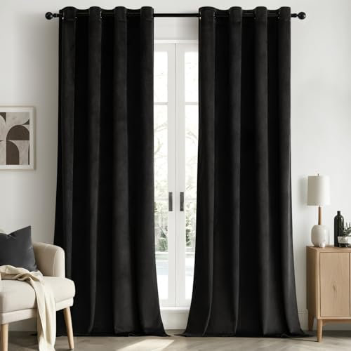 Woaboy Rideaux Occultant Thermique Salon Rideaux et Draperies Chambre Double Velours Panneaux de Rideau Intérieurs Isolant Anti Chaleur/Froid à Oeillets Extensible Lot de 2, 140x225cm Noir