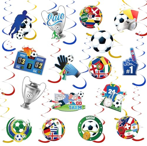 Qiciqinoone 32 Stück EM Fußball 2024 Hängende Wirbel für Euro Dekoration 2024, Deckenhänger Spiral Fußball Flagge Hängende Spiralen Partyzubehör, Fussball Folien Dekorationen Foto Requisiten Ball