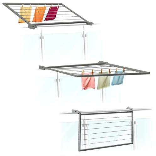 Flo.mar Stendibiancheria da Balcone e Parete 53x120 cm - Stendibiancheria con Kit Incluso per Ringhiera Tonda o Quadra - Stendino da Esterno in Alluminio Tubolare Grigio