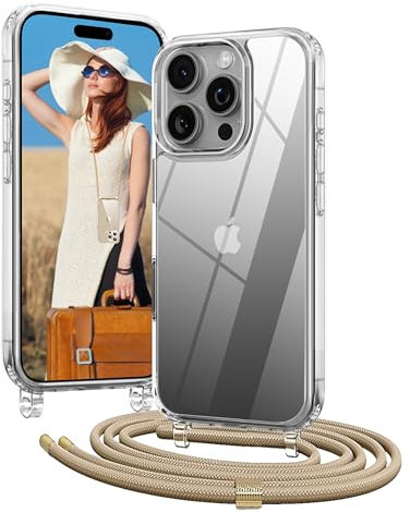 OLEPHY Handykette für iPhone 16 Pro Hülle mit Band, [Verstellbarem und Demontage Umhängeband], Transparente Handyhülle mit Kordel zum Umhängen für Wanderungen & Outdoor | Freiheit für Hände, Golden