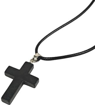 LWQCHW Shungite Crystal Cross Necklace - Black Healing Pendant with Leather Cord, Stone, Shungite, Stone, Shungite