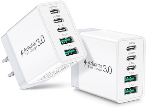 2 Pack USB C Wall Charger, 50W 5-Port PD Fast USB C Charging Block,3USB C+2USB A Multiport Plug,Type C Power Adapter Brick Cube for iPhone 16 15 14 13 12 11 Pro Max XR XS 8 7,Galaxy