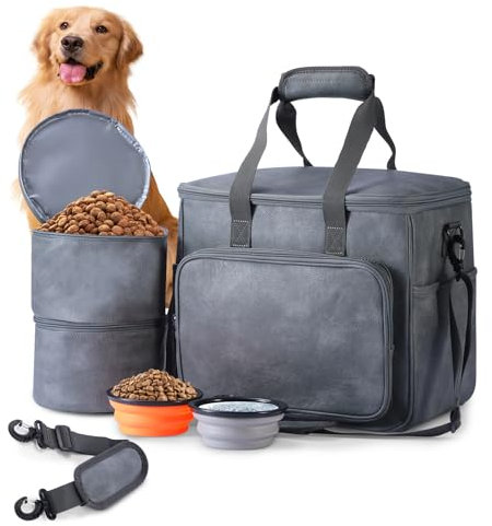 Lasaviin Hunde-Reisetasche, Leder-Reisetaschen-Set für Hund und Katze, von Fluggesellschaften zugelassener Tragetasche mit Multifunktionstaschen, 2 Lebensmittelbehälter, 2 faltbare Näpfe,